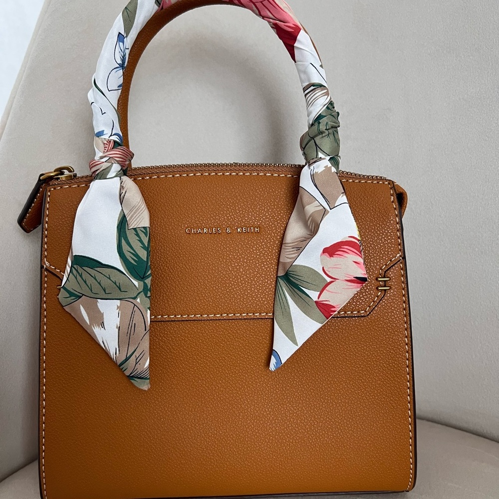 COPY - Charles & Keith Tan Handbag with Floral Scarf